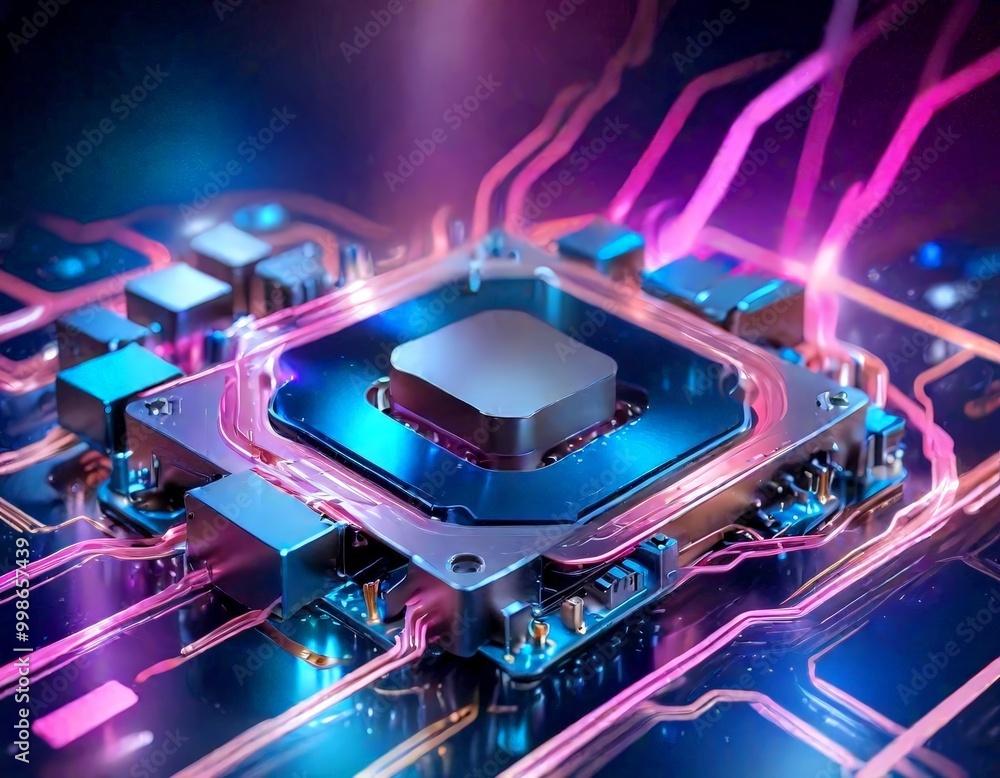 Aufkleber a computer chip, with a central square chip surrounded by a complex network of interconnected chips and wires The chip is illuminated by a vibrant