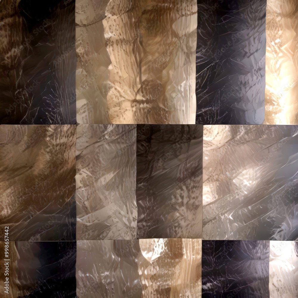 Aufkleber a collage of nine square tiles, each with a unique texture and color, arranged in a grid-like pattern The tiles feature a mix of dark and light colors,