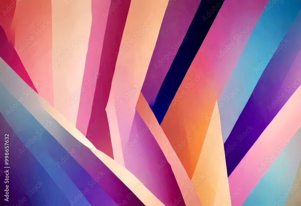 Poster a vibrant abstract composition of intersecting diagonal lines in various shades of pink, orange, purple, and blue, creating a dynamic and visually striking pattern