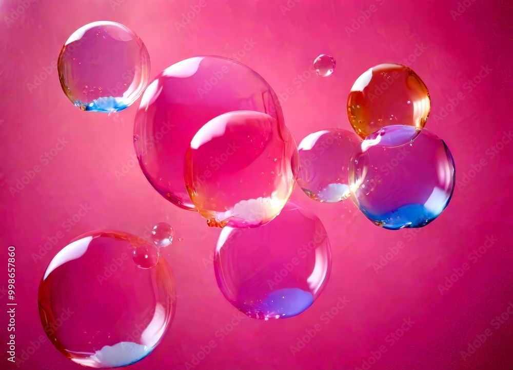 Poster a collection of colorful soap bubbles floating against a pink background