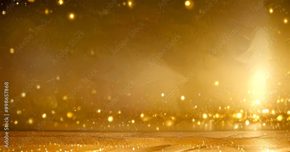 Poster a golden, glittering surface with a blurred, hazy background, creating a sense of depth and movement