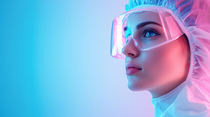 A female scientist in a protective suit, breathing deeply with a look of hope and optimism toward the future, her face softly lit against a pastel background, with plenty of space
