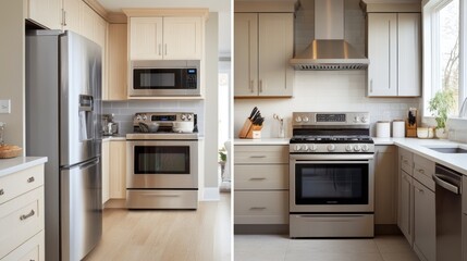 Fototapeta premium Two modern kitchens showcasing appliances and design elements for cooking and dining.