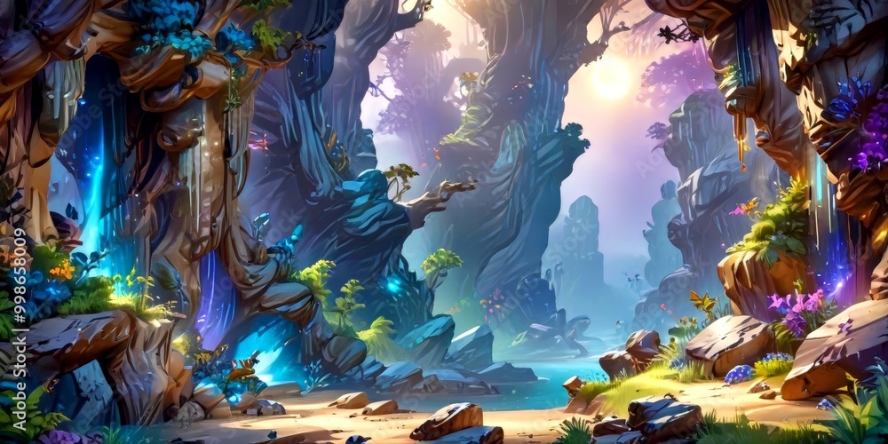 Poster a fantastical, surreal landscape with towering rock formations, a flowing river, and a vibrant array