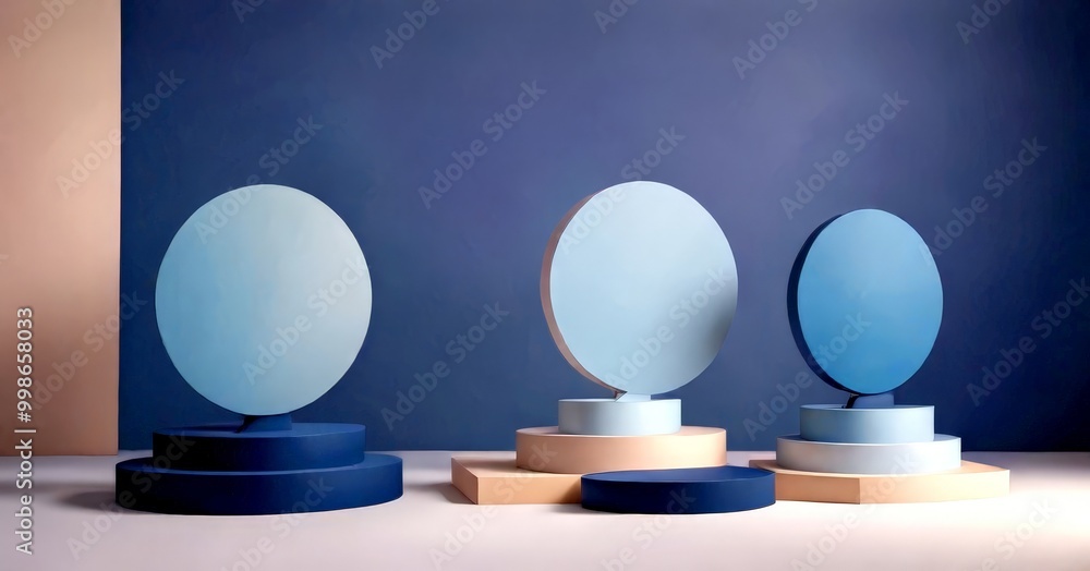 Poster Three circular platforms of varying sizes and colors are arranged in a row against a dark blue background, with a light pink wall in the background