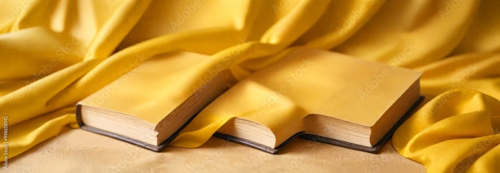 Aufkleber Two open books with yellow pages lie on a yellow fabric background