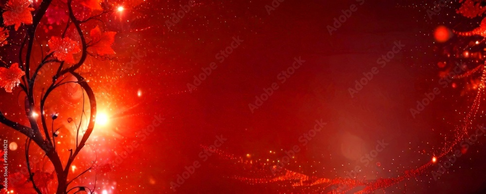 Aufkleber a striking red background with a central tree branch adorned with red leaves, creating a sense of depth and dimension The branch extends towards the right side of the
