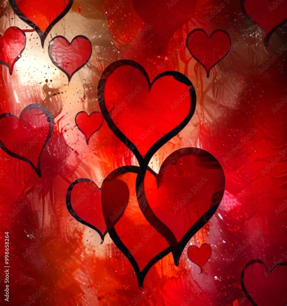 Aufkleber a vibrant abstract background with a repeating pattern of red hearts, each with a black outline, cre