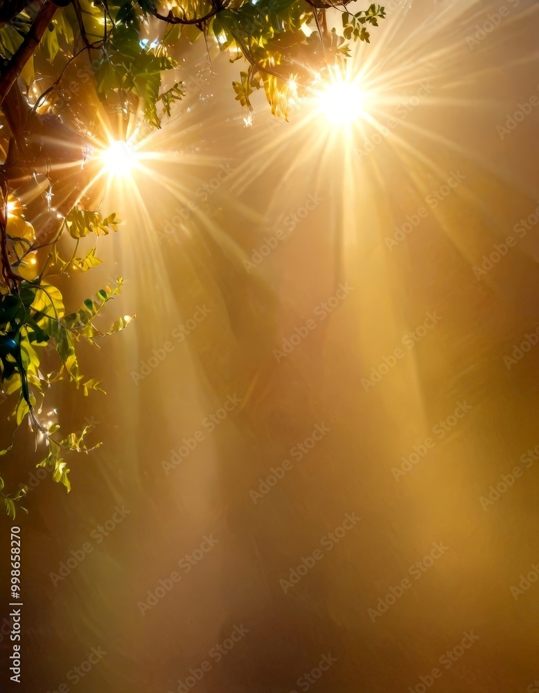 Poster sunlight filters through the leaves tree, casting a warm glow on the surrounding foggy landscape