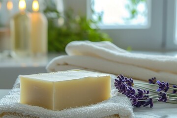 Bar of natural soap is lying on a towel in a bathroom setting with lavender flowers and essential oils in the background
