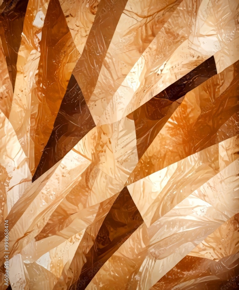 Poster an abstract composition featuring overlapping triangular shapes in various shades of brown and beige, creating a dynamic and textured visual effect