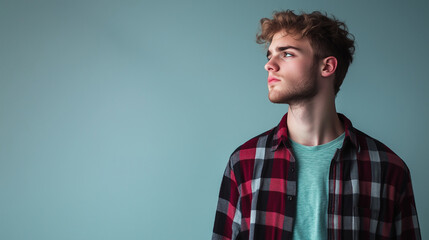 Fototapeta premium A young man with a thoughtful expression, wearing a plaid flannel shirt, standing against a plain background, lost in serious reflection about his future, with copy space for added