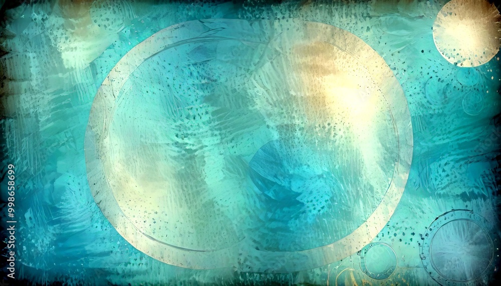 Poster a large, abstract, circular shape in shades of blue and green, with a white outline and a subtle gra