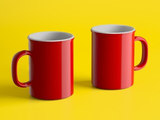 Bright red coffee mugs on yellow background