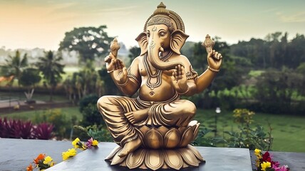 Fototapeta premium Golden Lord Ganesh Sculpture Amidst Nature - A Tribute to the Lord Ganesh Festival
