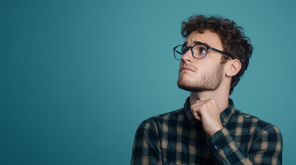 Fototapeta premium A young man in a plaid shirt, his face showing signs of worry and thoughtfulness as he contemplates the future, standing against a plain background with room for text.