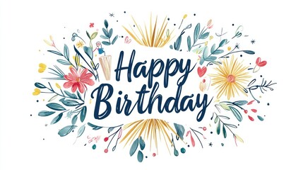Hand drawn watercolor floral greeting card with the words "Happy Birthday" written in blue.