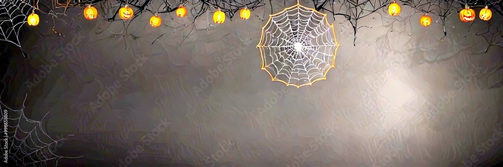 Poster A Halloween-themed featuring a spider web with jack-o'-lanterns hanging from it, set against a dark background