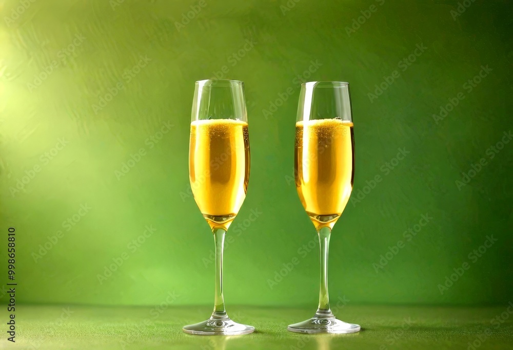 Poster two champagne flutes filled with golden liquid stand side by side against a green background, creati