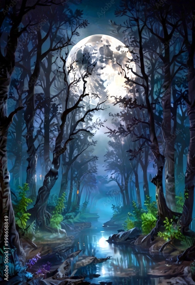 Poster A full moon shines brightly over a dark forest, casting an ethereal glow on the surrounding trees and a small stream