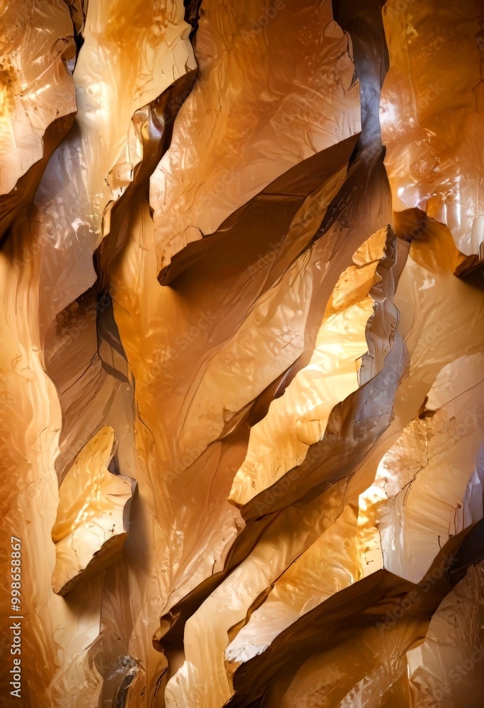 Poster a close-up view rock formation with a textured, layered appearance, featuring a mix of light and dark brown hues