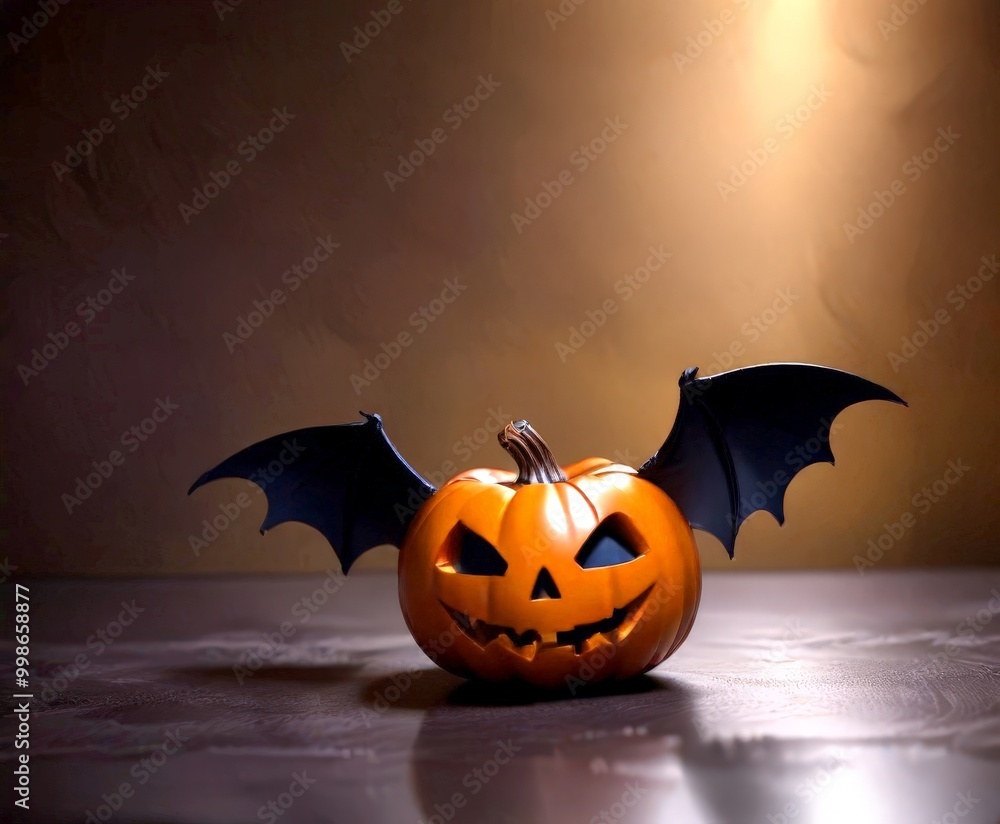 Poster A carved pumpkin with a bat-like face sits on a dark surface, casting a shadow and illuminated by a spotlight