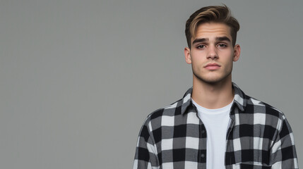 Obraz premium The serious, thoughtful face of a young man in a plaid flannel shirt, isolated on a plain background, reflecting on the uncertainties of his future, with ample space for text or br