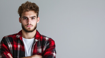 Fototapeta premium The serious, thoughtful face of a young man in a plaid flannel shirt, isolated on a plain background, reflecting on the uncertainties of his future, with ample space for text or br