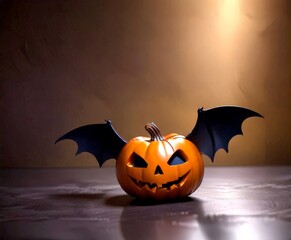Fototapeta premium A carved pumpkin with a bat-like face sits on a dark surface, casting a shadow and illuminated by a spotlight