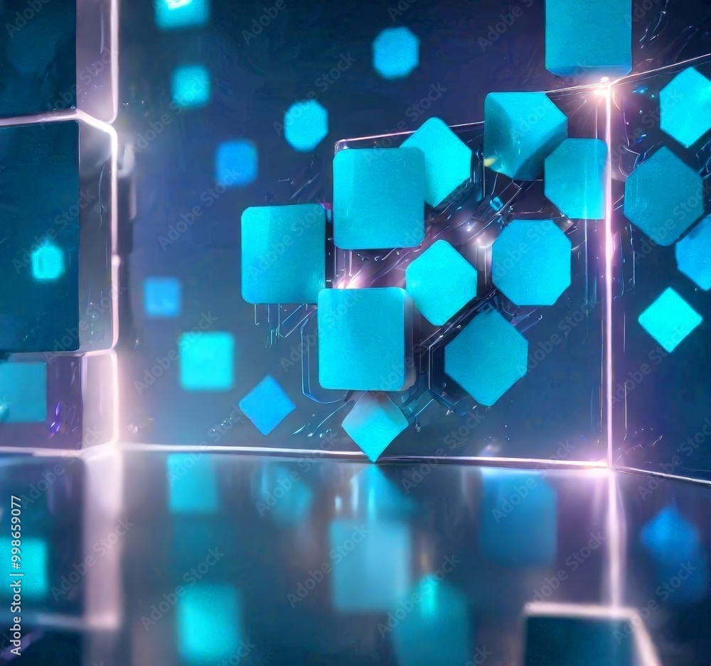 Poster a futuristic, abstract scene with a multitude of blue cubes and squares, some floating in the air and others resting on a reflective surface, creating a
