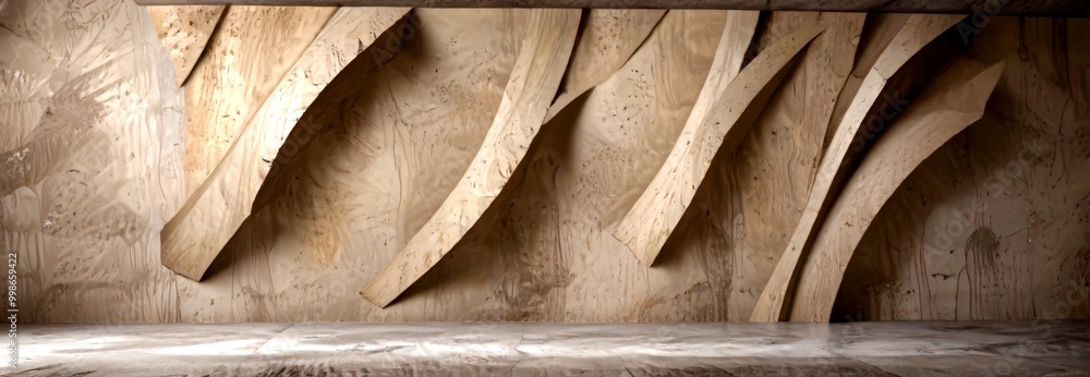 Poster a wooden wall with a series of curved wooden panels arranged in a diagonal pattern, creating a sense of depth and dimension