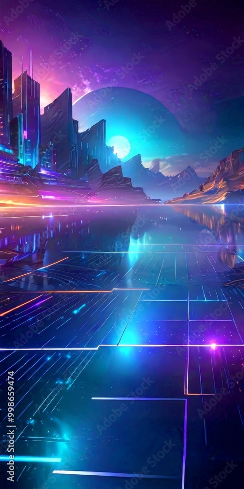 Poster a futuristic cityscape with towering structures and a glowing moon in the sky, set against a backdro