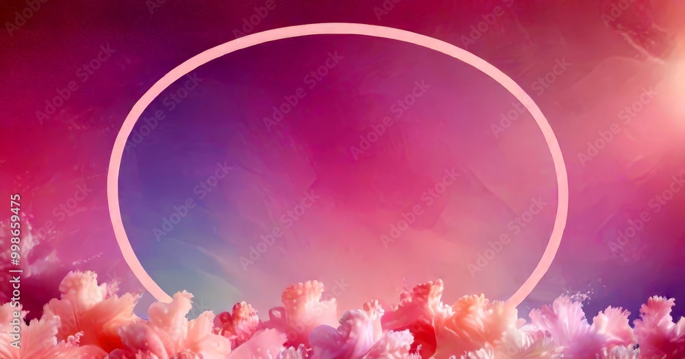 Poster A circular frame with a white border is set against a gradient sky transitioning from pink to purple, with pink and white flowers in the foreground