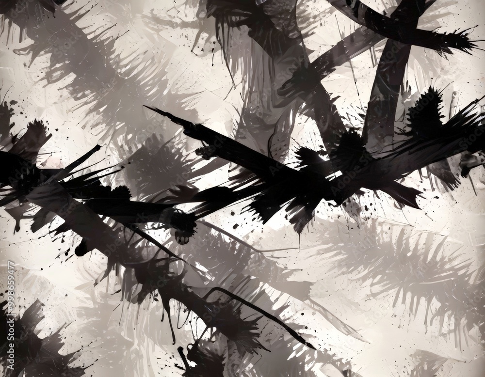 Poster an abstract black and white composition featuring a chaotic pattern of intersecting lines and splatt