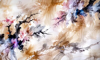 a vibrant abstract floral artwork, featuring a variety of pink, white, and purple flowers and branches against a light beige background The composition is dynamic, with