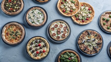 Top view collection of Pizza with different tasty isolated on background, Popular fast food, flat lay pizzas.