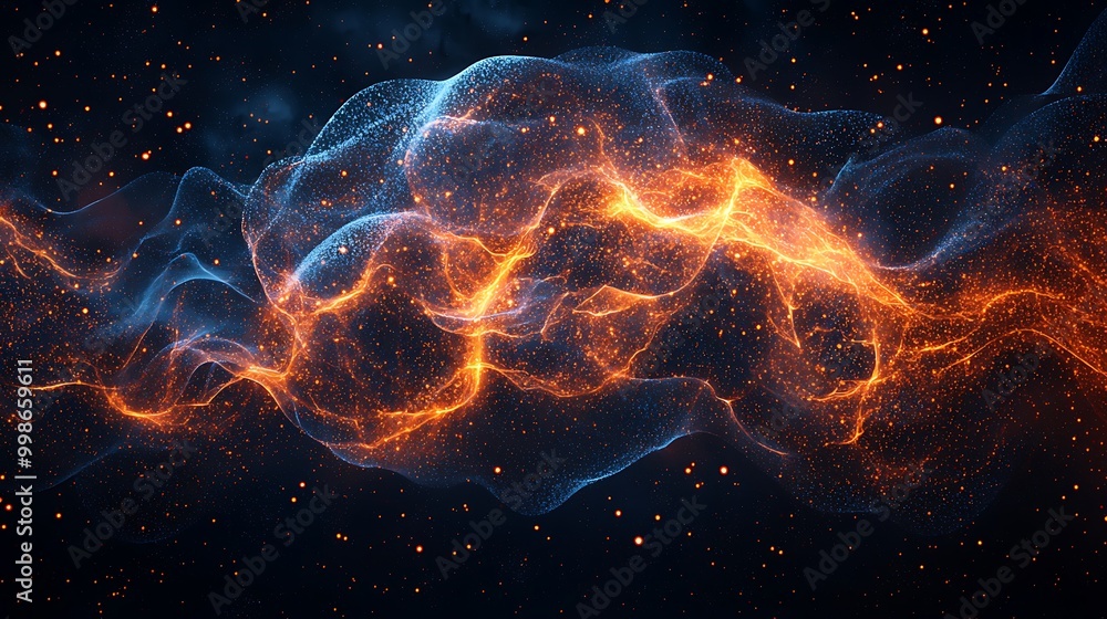 Poster fire and smoke intertwine in a glowing backdrop filled with particles of light.
