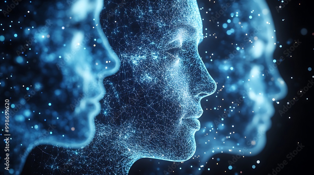 Poster faces emerge in abstract, glowing with lines and the soft blur of bokeh.