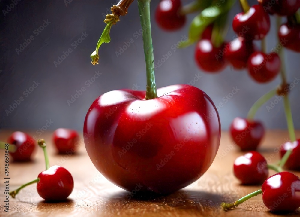 Poster a close-up single, shiny red cherry with a green stem, surrounded by additional cherries on a wooden