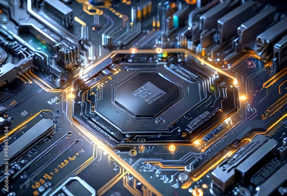 Poster a close-up view complex electronic circuit board, with various components and traces of gold and bla