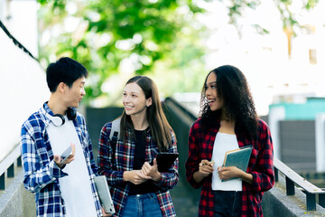 Group of Asian female college students talking and working together at university in a park discussing their studies together.