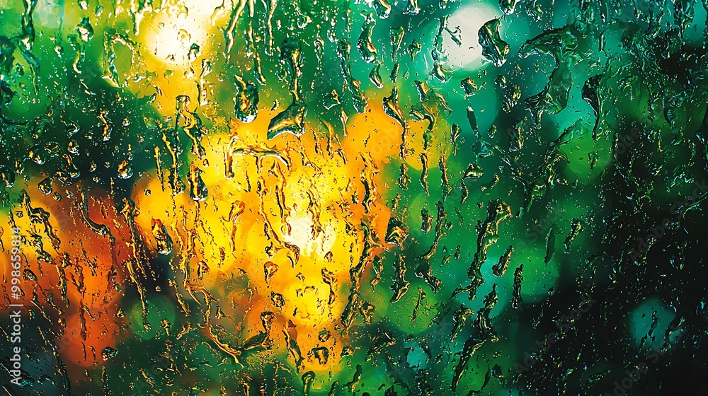 Poster raindrops scatter on the window, creating a mosaic of green and yellow light.
