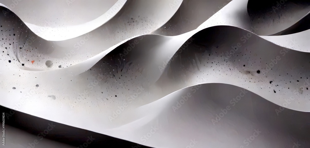 Poster a close-up view white, abstract sculpture with a wave-like pattern and small black specks scattered 