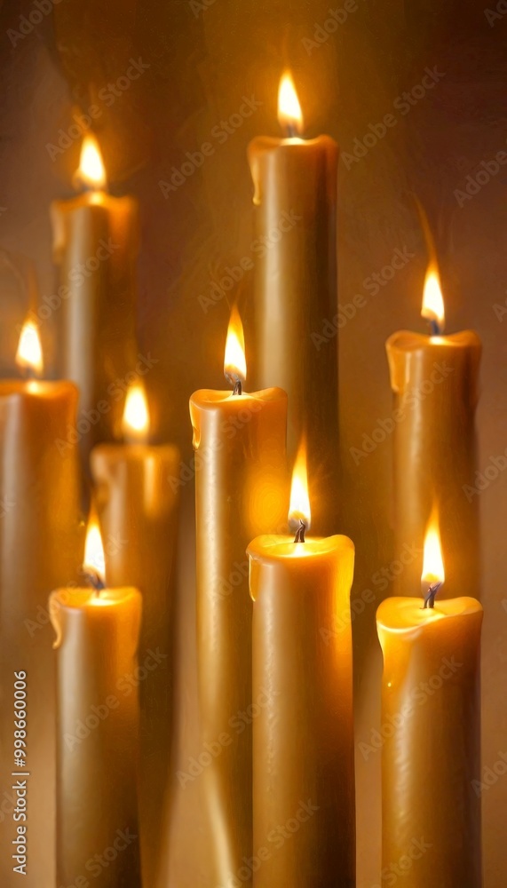 Poster A group of lit candles in various sizes and shapes, creating a warm and cozy atmosphere