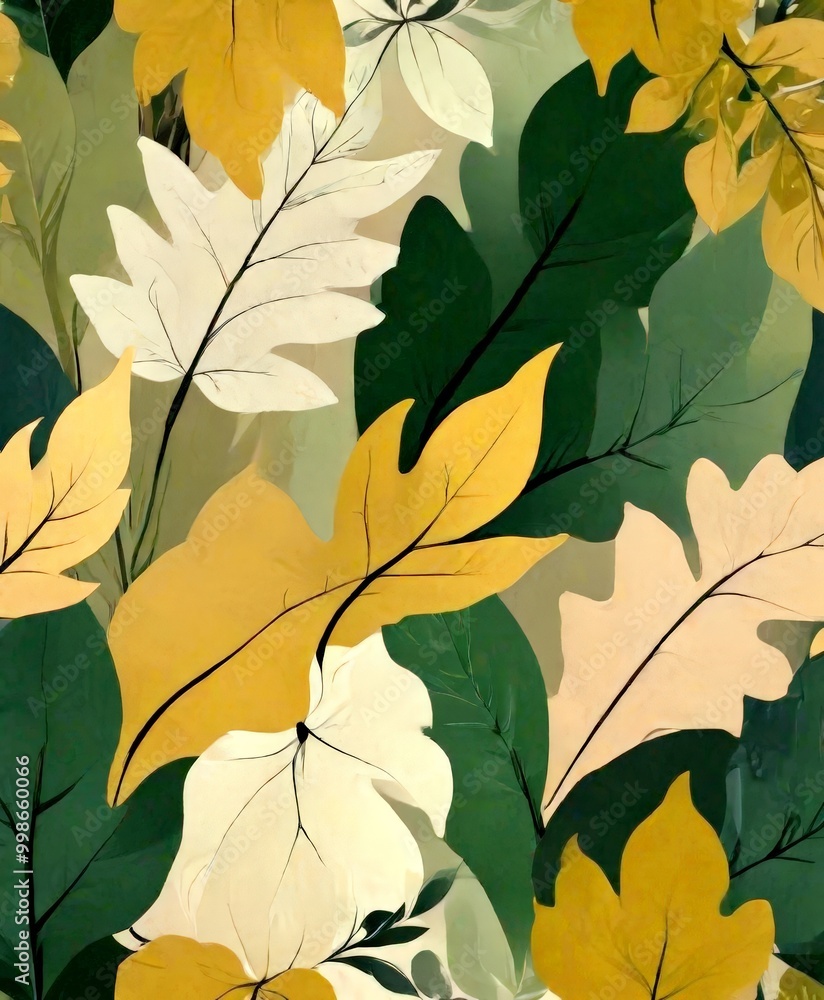 Poster a repeating pattern of leaves in various shades of green, yellow, and white, creating a visually app