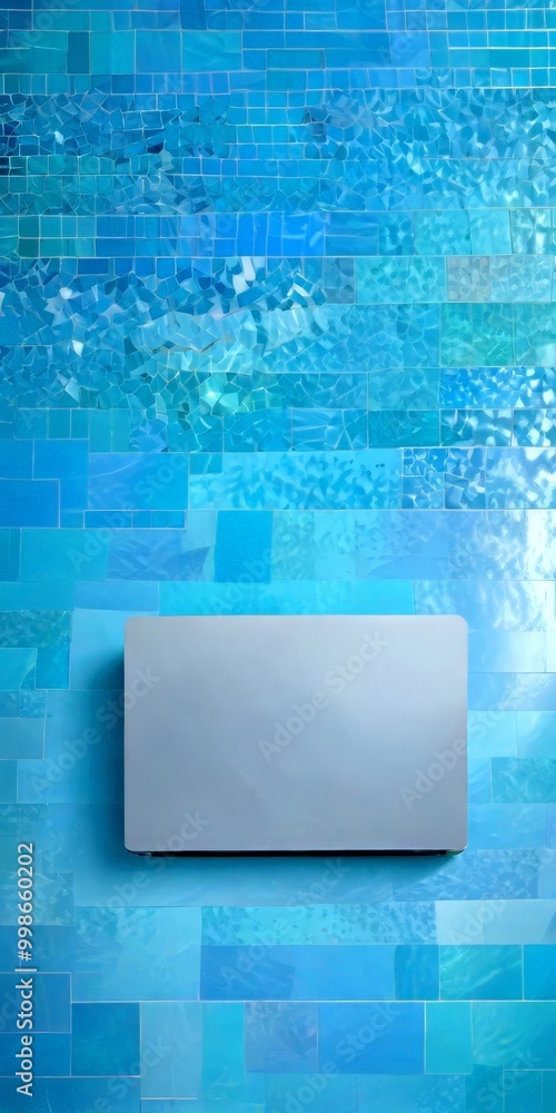 Poster a white rectangular object placed against a backdrop mosaic of blue tiles, creating a visually striking contrast
