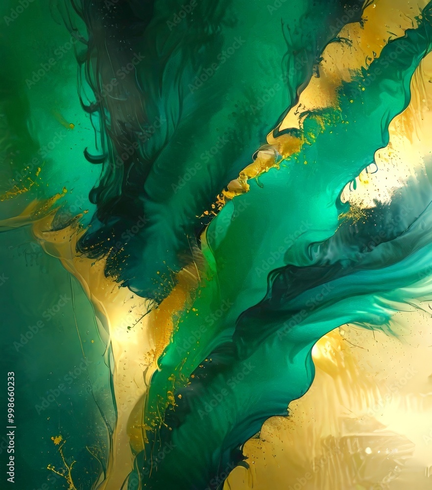 Poster an abstract digital artwork featuring a swirling pattern of green and gold hues, with splashes of yellow and black adding depth and contrast