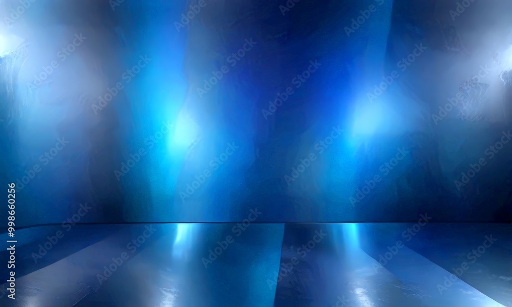 Poster a dark, empty room with a glossy floor and a wall adorned with blue and white stripes the room is il