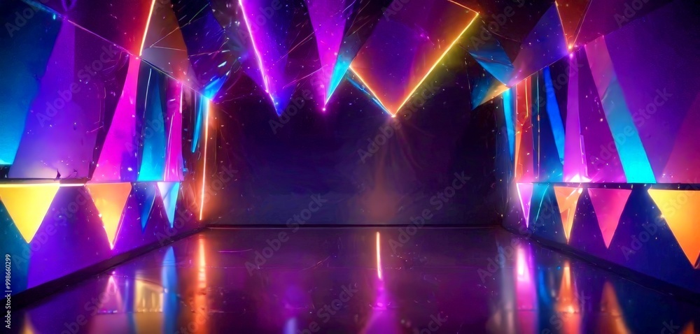 Aufkleber a vibrant, futuristic room with a geometric pattern of triangular lights in various colors, includin