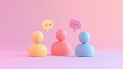 Three colorful 3D people figures with speech bubbles above their heads, symbolizing communication and conversation.